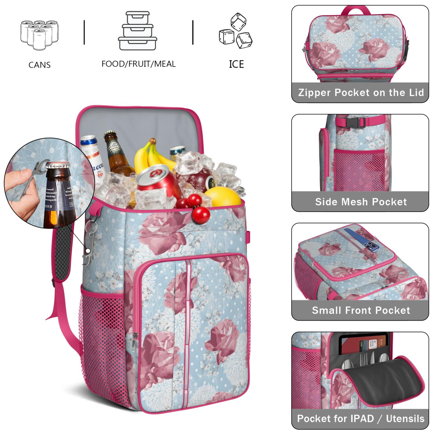 Travel Cooler Bag - Pioneer Flower Floral Print Pattern Camping Beer Cooler Backpack with Bottle Opener- Waterproof Insulated Picnic Backpacks - Cooler Bag for Beach