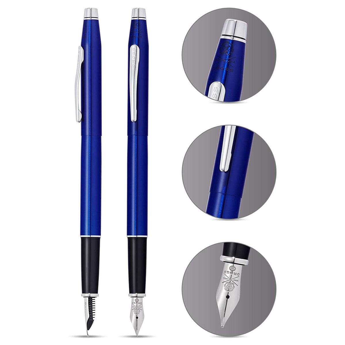 Cross Classic Century Blue Lacquer W/ Chrome Appointments And Stainless Steel Fine Nib Fountain Pen