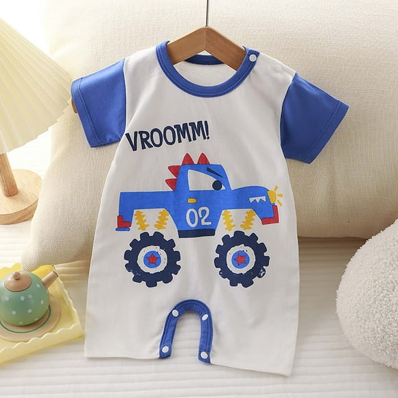 Ceisia Baby Boys' Cotton Short Sleeve Romper with Monster Truck Print Summer Onesie Blue 80 Gifts