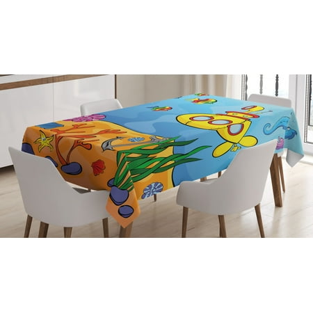 

Yellow Submarine Decor Tablecloth Underwater Theme Submarine Seahorse Starfish and Fish Print Rectangular Table Cover for Dining Room Kitchen 52 X 70 Inches Marigold and Aqua by Ambesonne