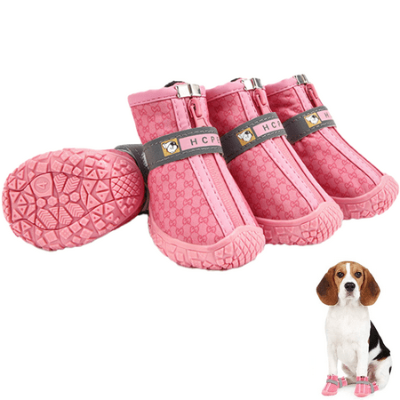 

DogShoesforDogsBoots WaterproofDogBootiesforHardwoodFloors OutdoorPawProtectorwithReflectiveStripsforHotPavementWinterSnowHikingBooties4PCS/Set Pink 3 F52574