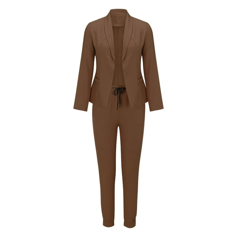 JDEFEG Woman Suites Womens Open Front Solid Blazer Leathers Two Piece  Business Blazer Pant Leathers Suit Coat and Pant Modern Work Pants Women  Polyester Brown S 