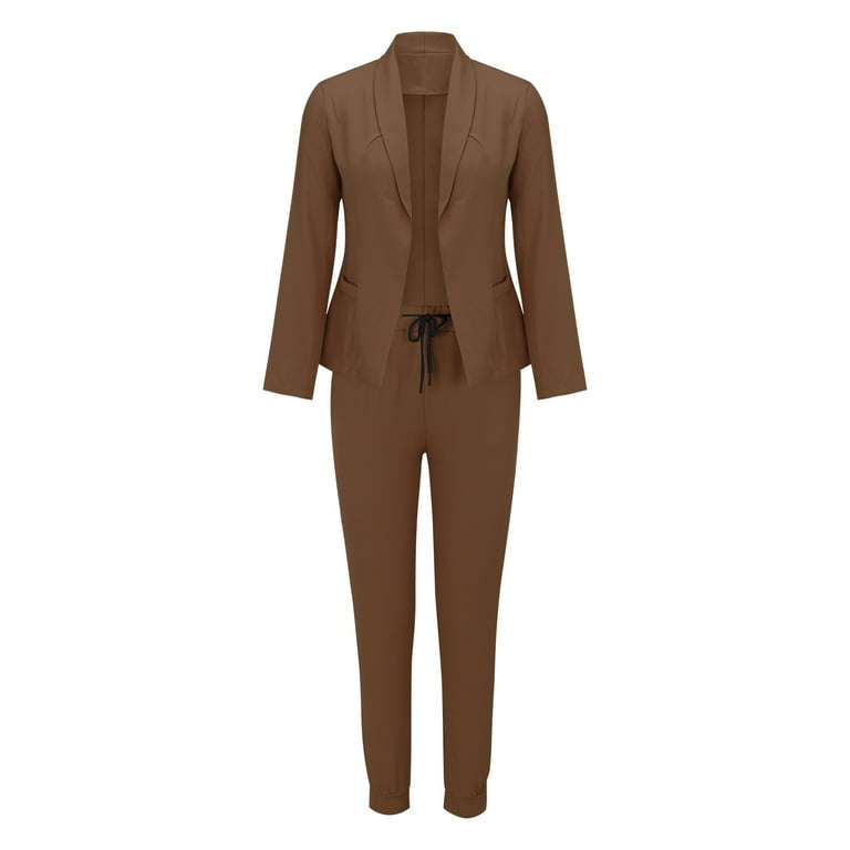 JDEFEG Woman Suites Womens Open Front Solid Blazer Leathers Two Piece  Business Blazer Pant Leathers Suit Coat and Pant Modern Work Pants Women  Polyester Brown S 