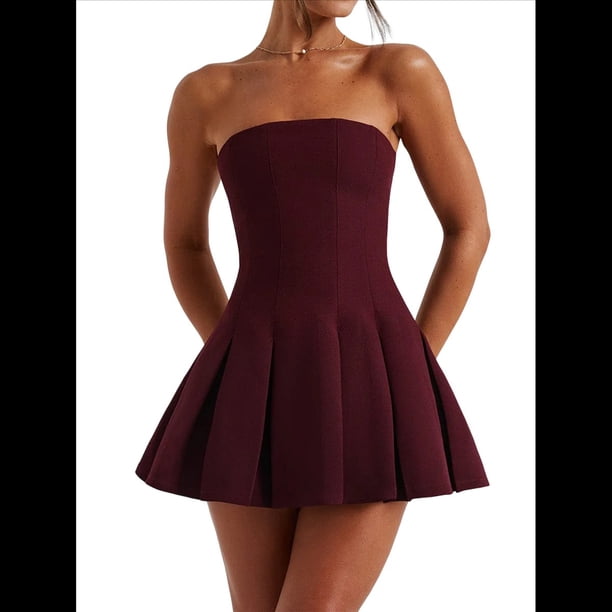 Vestido Corto Ajustado de Corte A Sin Mangas, Sexy, con Pliegues y Sin Tirantes para Mujer, Estilo Y2K Vino Tinto XL