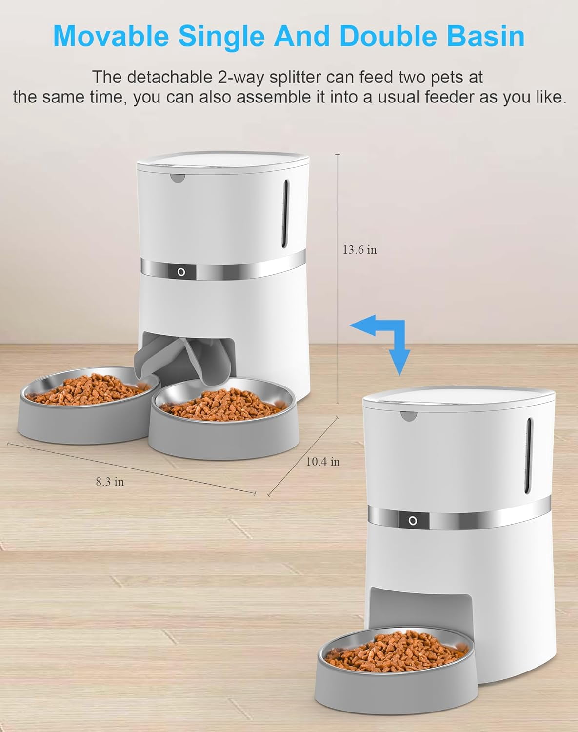 Automatic Cat Feeder, Smart Pet Food Dispenser with APP Control,WiFi Enabled Automatic Feeder for Dogs, Cats & Small Pets, Double Stainless Steel Bowls,6 Meals Portion Control and Voice Recording