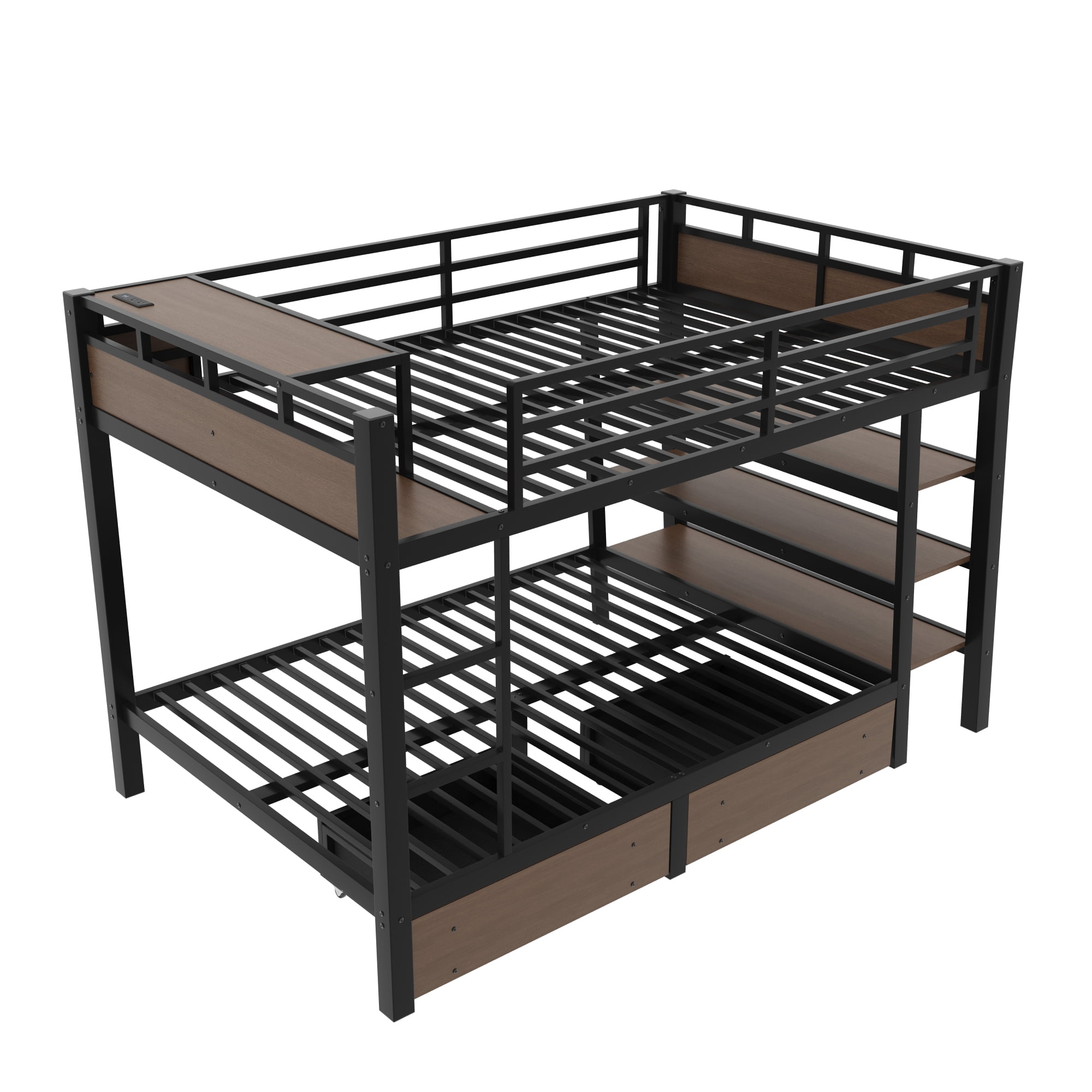 Leumius Full Size Metal Bunk Bed with 2 Storage Drawer,Heavy Duty Metal Bed Frame with Storage Shelves , LED light Strip and USB Power Strip,Black