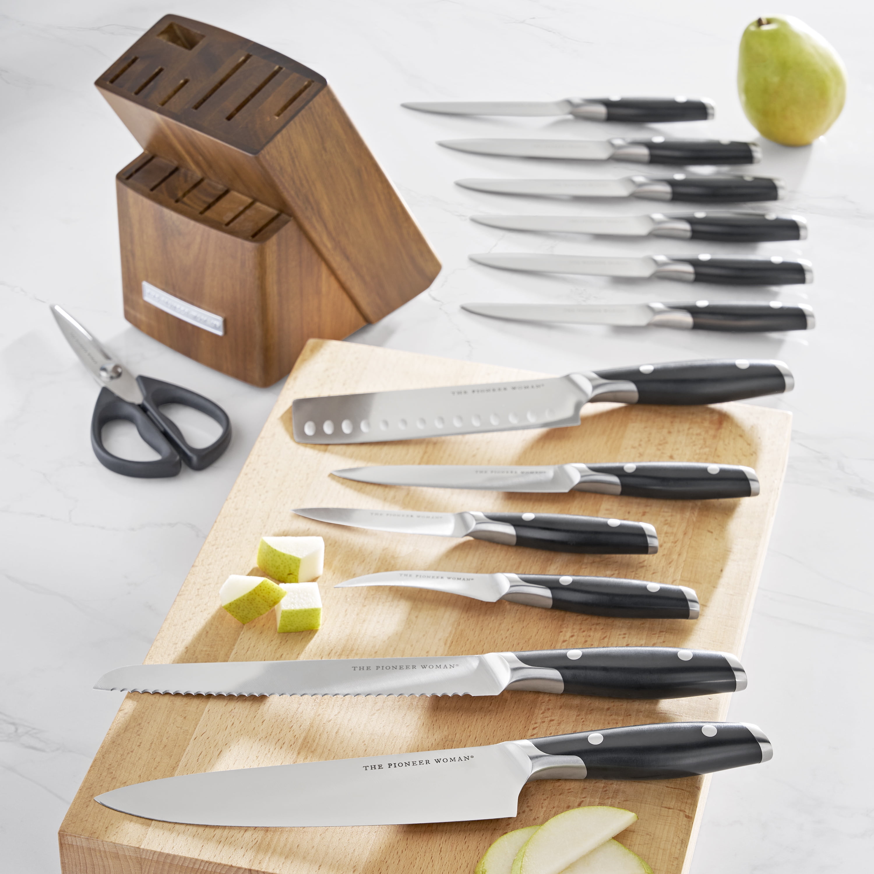 The Pioneer Woman 14-Piece Knife Block Set Stainless Steel Knives with Ergonomic Handle, Black