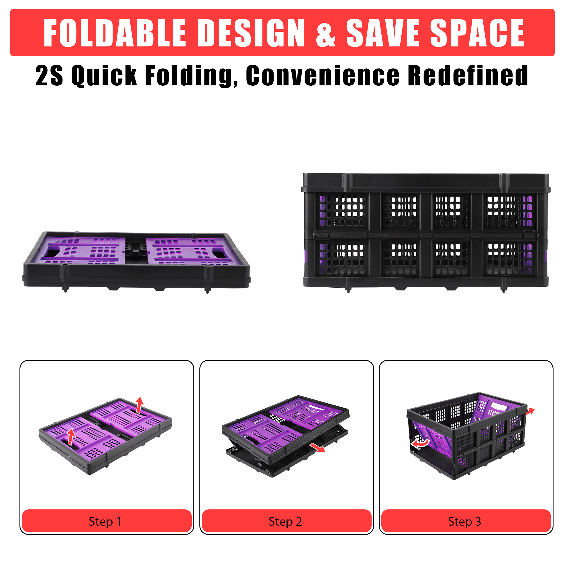 Large 14.5 Gallon Collapsible Storage Crate – 55L Extra-Thick Collapsible & Stackable Plastic Organizer Bin with Handles – Heavy-Duty Basket for Home, Kitchen, Office, Garage, Moving – Purple