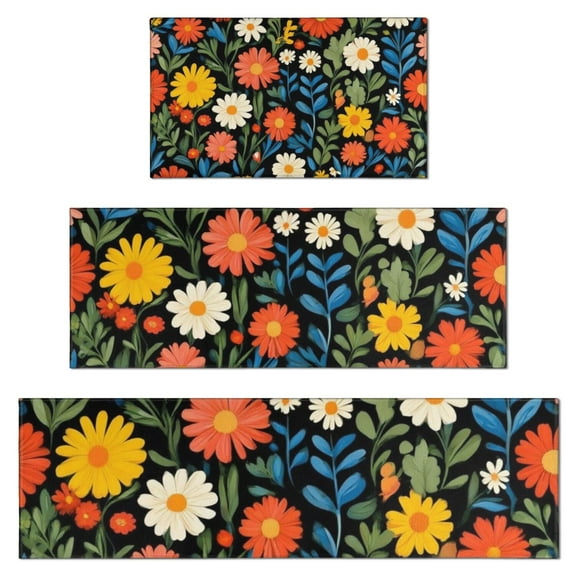 Pioneer Flower Floral Print Pattern Kitchen Rugs Sets Of 3,Kitchen Runner Rugs Non Skid Washable,Decorative Kitchen Floor Mats for Kitchen,Sink,Laundry,17"x30" 17"x47" 17"x59"