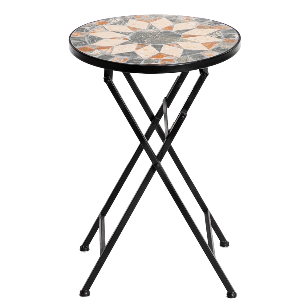 Kepooman Outdoor Collapsible Stone Side Table with Iron Frame and Rhombus Pattern, Black Kepooman Outdoor Collapsible Stone Side Table with Iron Frame and Rhombus Pattern, Black