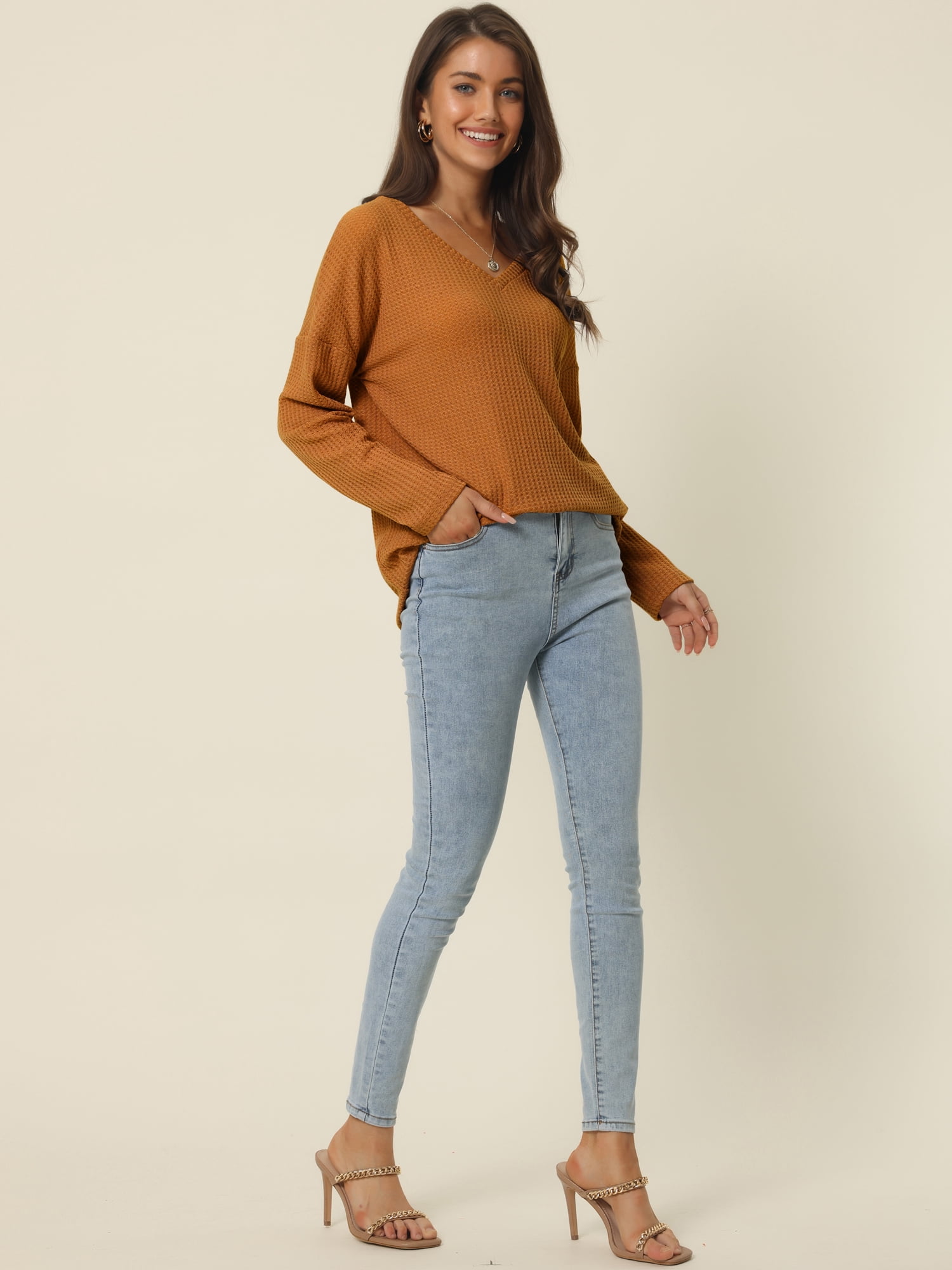 Women's Waffle Knit V Neck Long Sleeve Casual Blouse Lightweight Top L Brown
