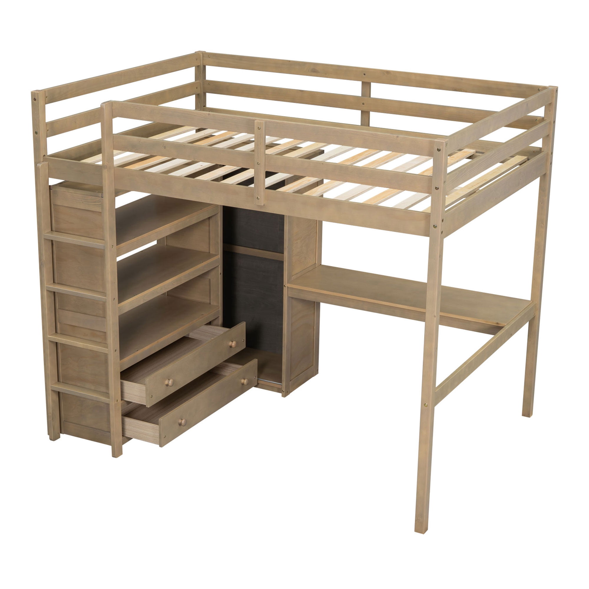 Euroco Wood Full Size Loft Bed with Desk and Wardrobe, Storage Shelves and Bookcase for Kids Teens, Walnut