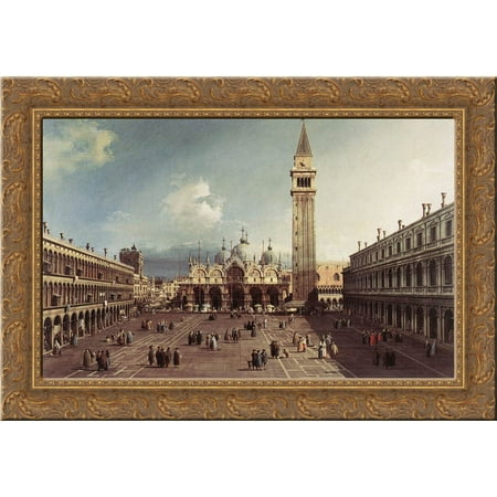 Piazza San Marco with the Basilica 24x18 Gold Ornate Wood Framed Canvas Art by Canaletto