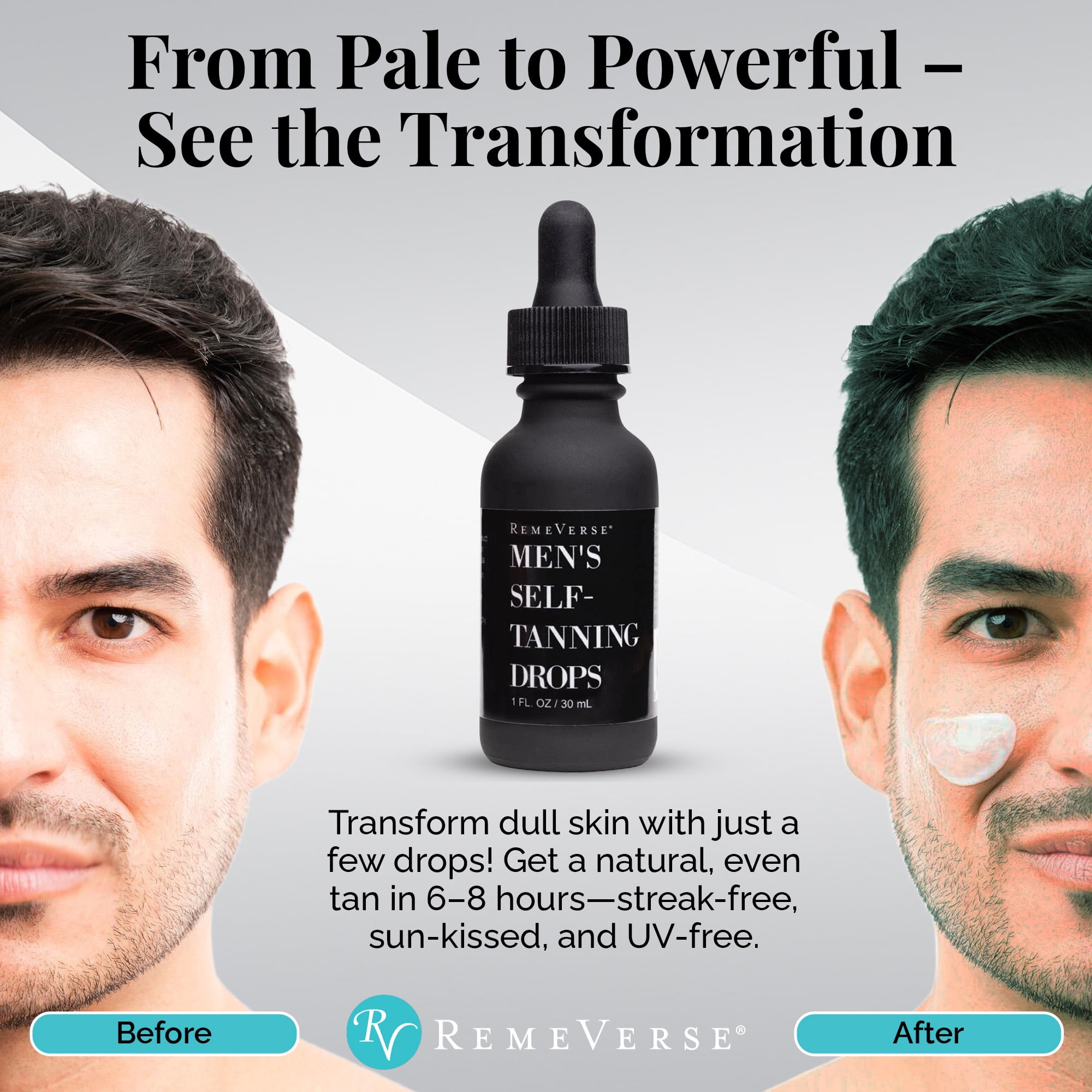 Men’s Self-Tanning Drops by RemeVerse: Sunless Tanner Formulated for Men to Achieve Natural-Looking Color & Even Skin Tone
