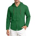 thumbnail image 5 of Men's Casual Button Down Hoodie Cotton Linen Blend Long Sleeve Round Neck Blouse, Soft Breathable Fabric For Daily Beach Vacation | Zenithor,Green 3XL, 5 of 9