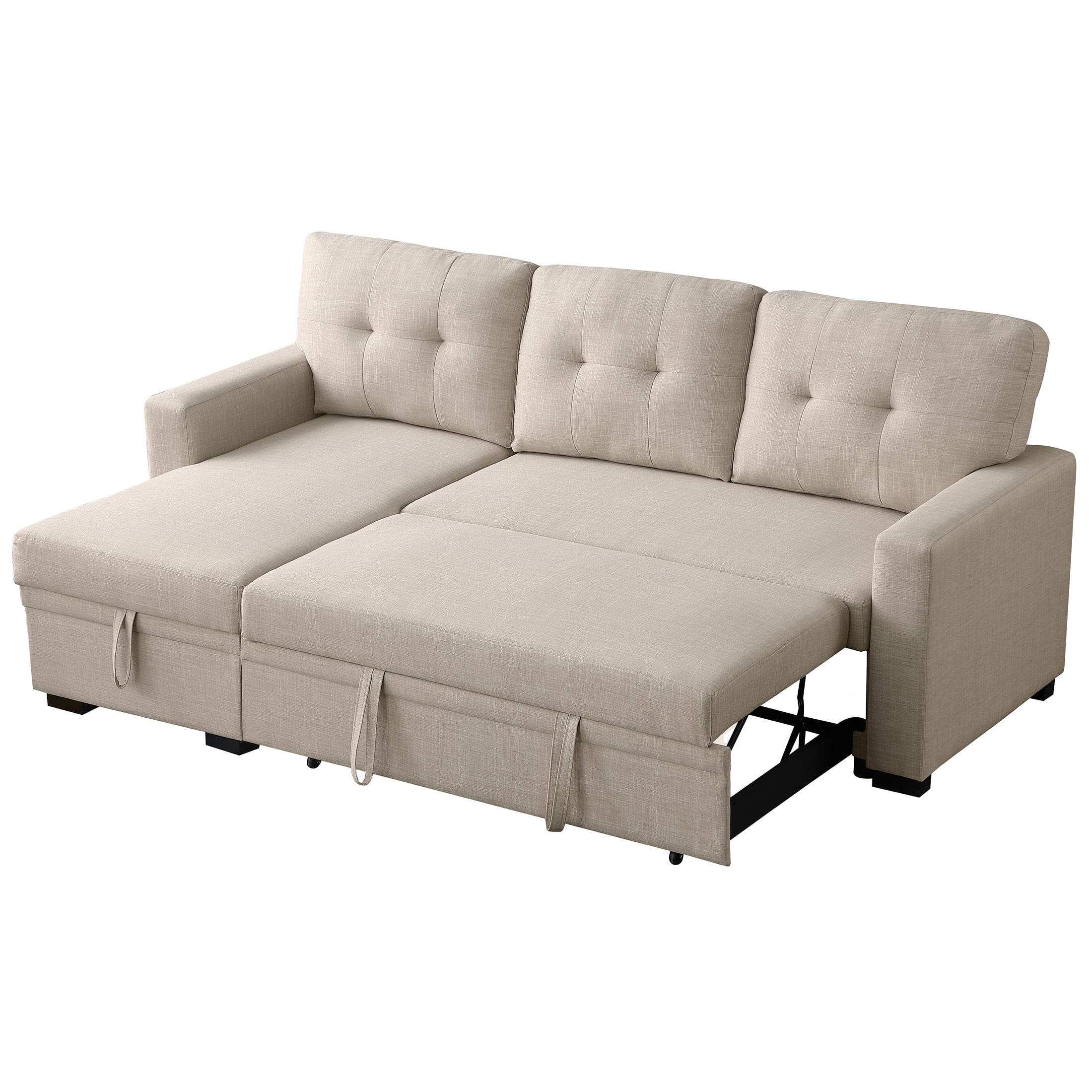 Aukfa Premium Pull-Out Sleeper Sofa Bed with Storage Chaise, Contemporary 3-Seater Couch for Living Room, Beige
