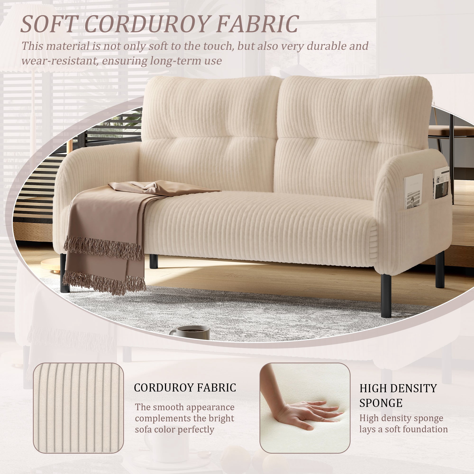 47" Small Loveseat Sofa Couch for Small Spaces,Corduroy Upholstered 2-Seater Love Seats for Apartment, Bedroom,Office,Beige