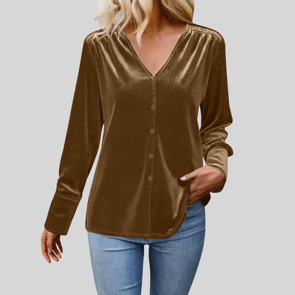 FDGIU Women's Velour V Neck Top - Long Sleeve Slim Fit Pullover Blouse for Fall Winter Holiday Party