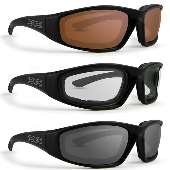 Epoch Eyewear Foam Padded Motorcycle Sunglasses 3 Pair Black Frames with Amber Lens Clear Lens & Smoke Lens
