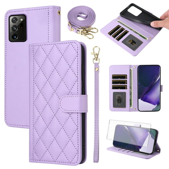 Furiet Wallet Case for Samsung Galaxy Note 20 Ultra 5G with Tempered Glass Screen Wrist Strap Shoulder Strap, Card Slot Phone Cover for Note20 Plus Notes 20Ultra Note20 U 20 Twenty Not S20 Purple