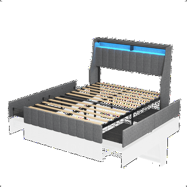 Newboti Furniture Full Size Bed Frame with LED, 4 Under-bed Portable Storage Drawers, Wings Headboard Design, Light Grey NO.61721