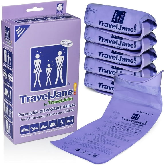 TravelJane Resealable Disposable Urinal for All Genders, Adults, and Children (6 Pack) Designed for Emergencies, Travel, Camping, Long Car Rides and more  - 28oz/800ml capacity