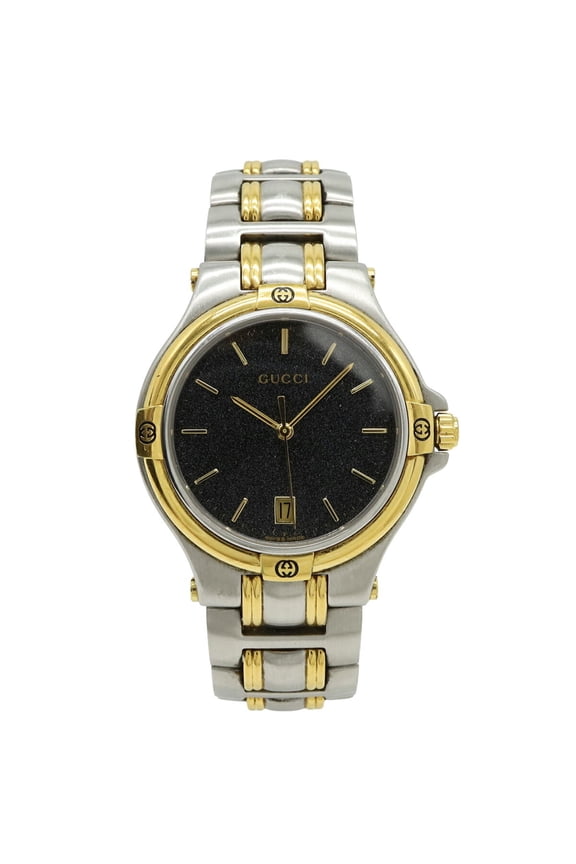 Pre-Owned GUCCI Men's Quartz Watch 9040M, Black Dial, Date Display, Stainless Steel