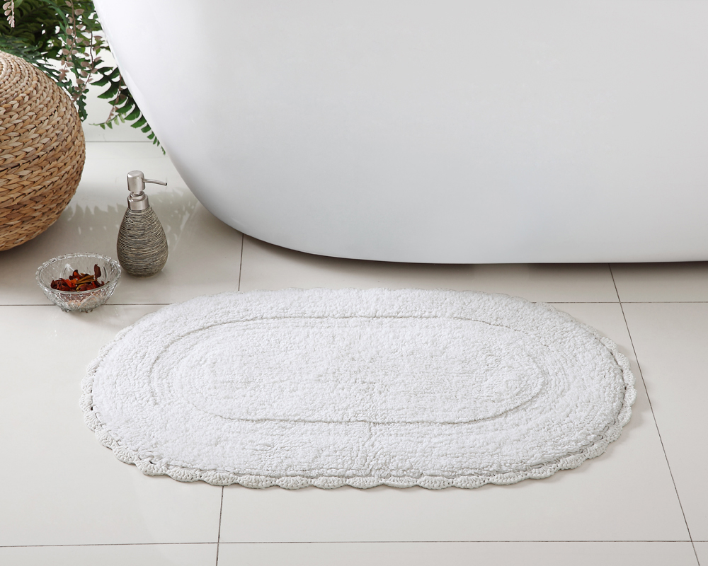 White Bath Rug Soft and Absorbent Oval 100 Cotton with Decorative