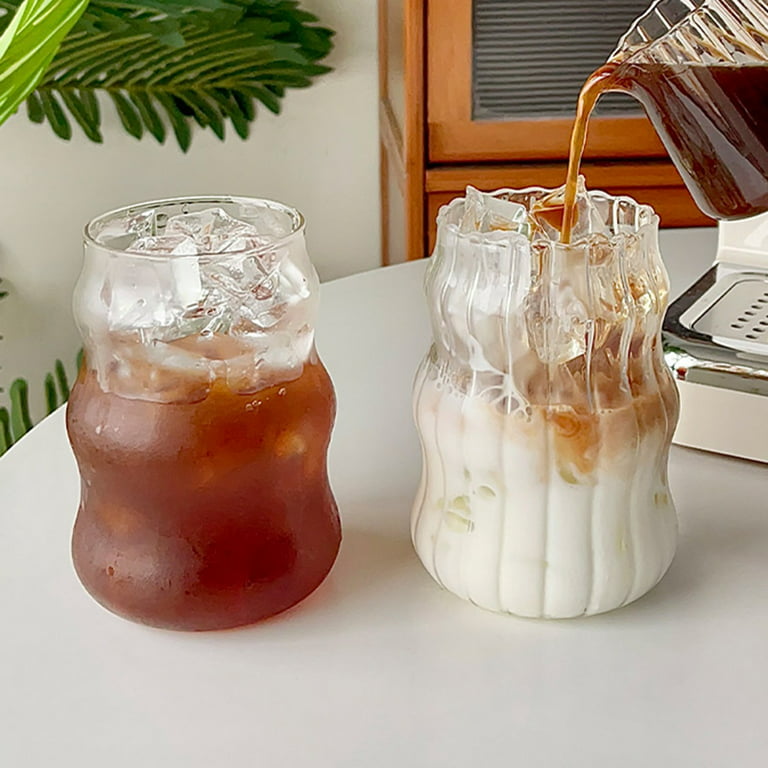 Glass Cups with Lids and Straws, 12 oz Iced Coffee Cup for Coffee Bar  Accessories, Ribbed Glasses Drinking Set of 4, Glass Tumbler with Straw and  Lid for Home Decor, Christmas Gifts