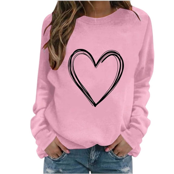 Fznquz Love Heart Graphic Valentine Sweatshirt for Women 2026 Pullover Winter Pink Trendy Crew Neck Fashion Clothing L