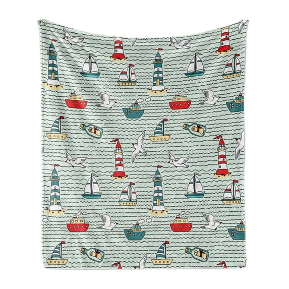 Lighthouse Soft Flannel Fleece Blanket, Seagulls Lighthouses Message Bottles Steamboats Sailboats Wavy Pattern Nautical, Cozy Plush for Indoor and Outdoor Use, 70" x 90", Multicolor, by Ambesonne