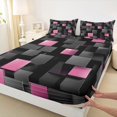 thumbnail image 5 of Manfei Abstract 3D Cube Bed Sheets, Geometric Checkered Fuul Size Sheets, Black and Pink, Black Reversible 4 Pieces1 Flat Sheet + 1 Fitted Sheet + 2 Pillowcases, 5 of 6