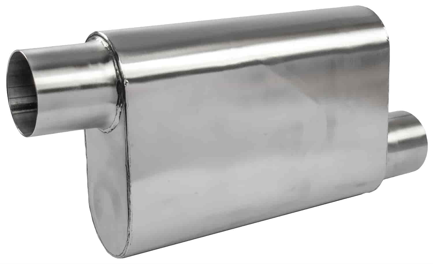2.5” Dual Inlet/Dual Outlet Diameter JEGS Chambered Deep-Tone Muffler Overall Length Of 19” Stainless Steel Muffler Body: 9” Wide x 4” High x 13” Long