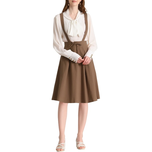 Unique Bargains Jupe Midi Plissée à Bretelles Rétro à Taille Élastique pour Femme Brun Foncé TP