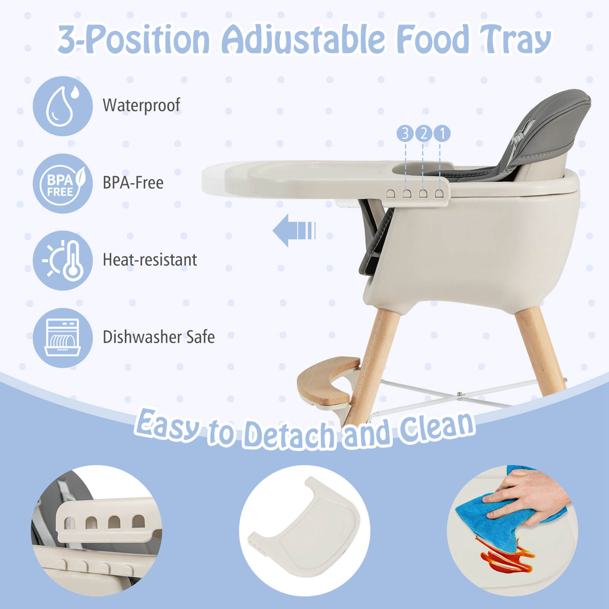 Babyjoy 3 in 1 Convertible Wooden High Chair Toddler Feeding Chair with Cushion Dark Gray