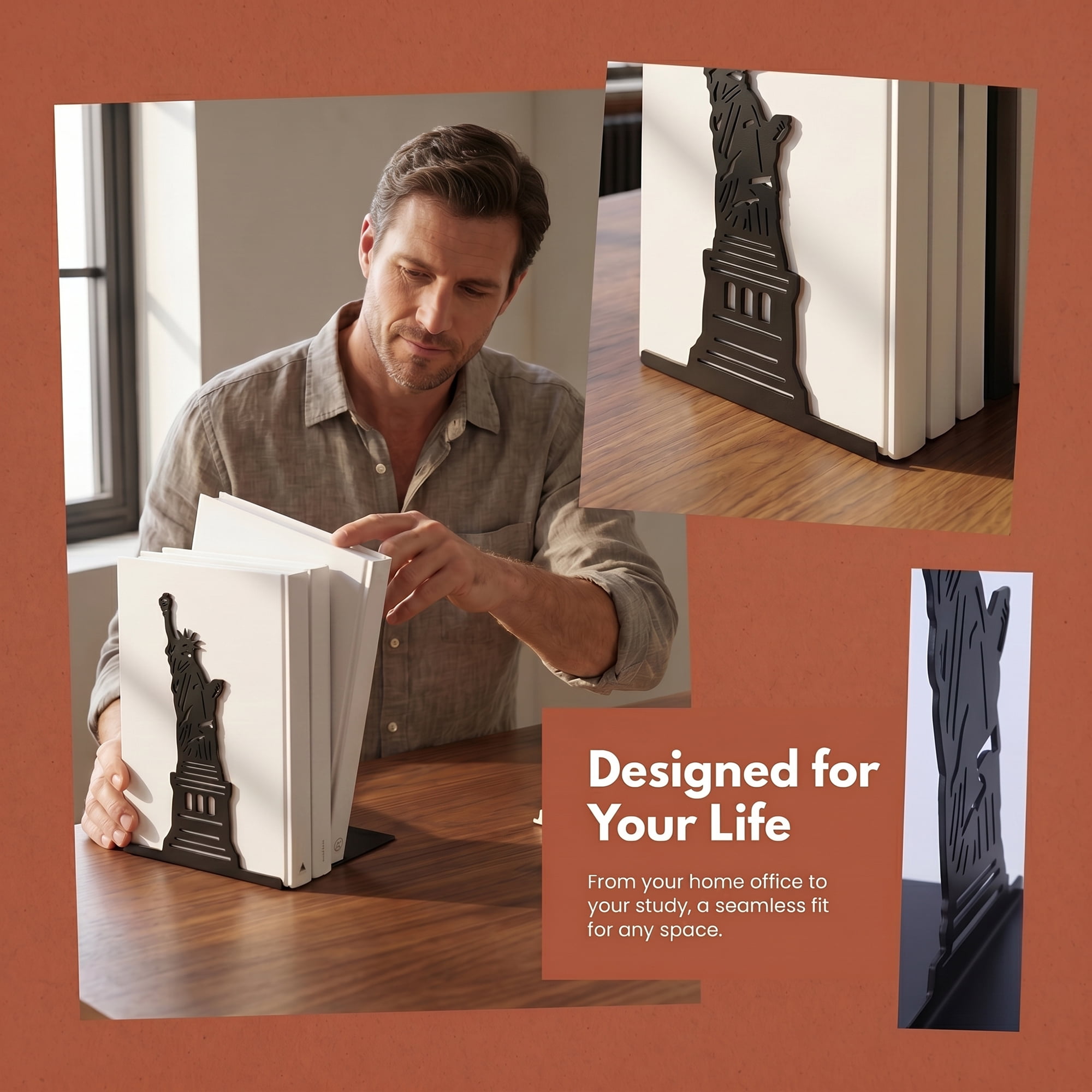 Unique Bargains 2Pcs Metal Hollow Design Book Ends Black Statue of Liberty 7.9*4.3*6.7inch
