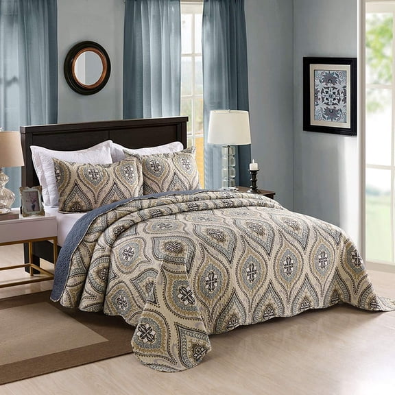 3-Piece Paisley Medallion Quilted Bedspread Set Lightweight Coverlet A16