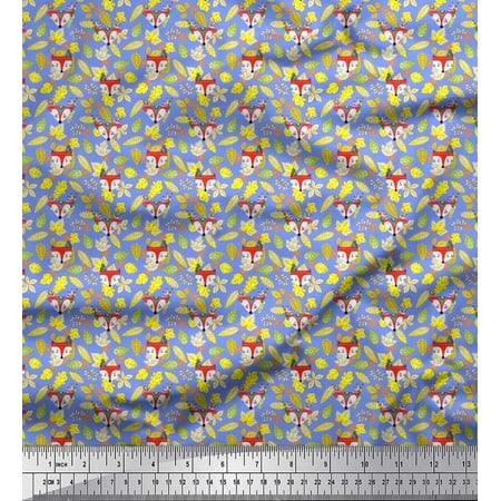 Soimoi Rayon Fabric Leaves Feather & Fox Face Cartoon Print Sewing Fabric Yard 56 Inch Wide