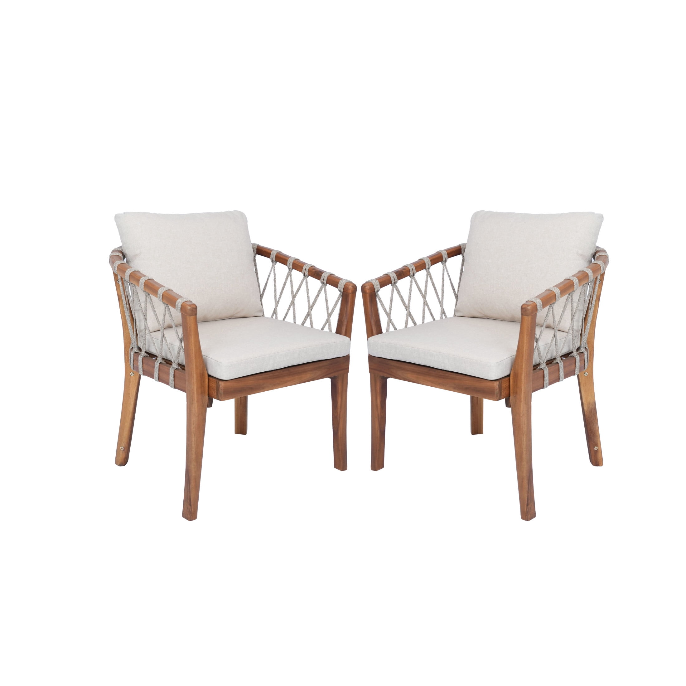 Christopher Knight Home Wood Patio Dining Chairs with Rope Weave and Cushions, Teak+Beige, Set of 2