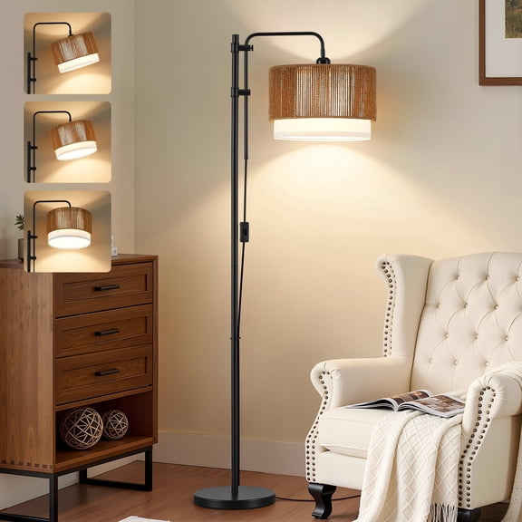 NATYSWAN Rattan Floor Lamp for Living Room, 3 Color Temperatures LED Bulb Included, Farmhouse Boho Arc Standing Lamp, Handwoven Tall Lamps for Bedroom, Home Office, Corner