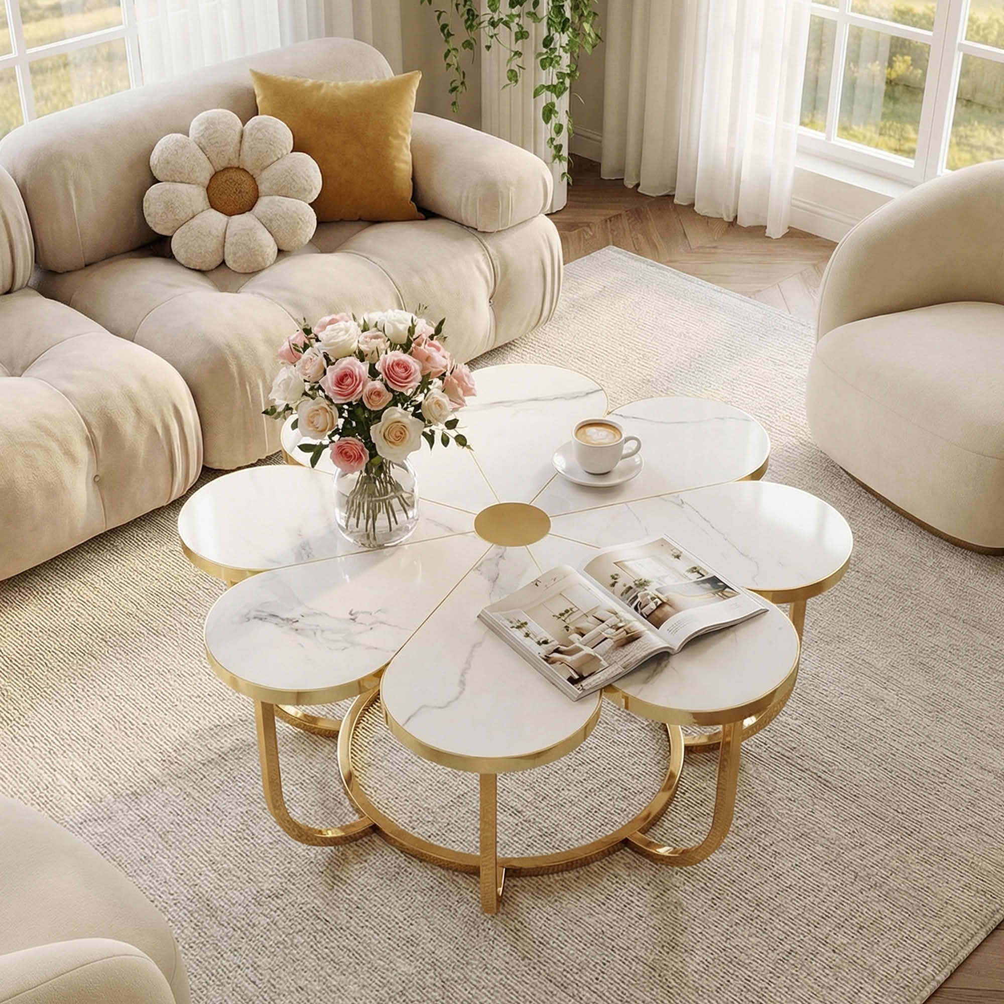 MAYEETY Flower Shaped Coffee Table Faux Marble Top Modern Living Room Table