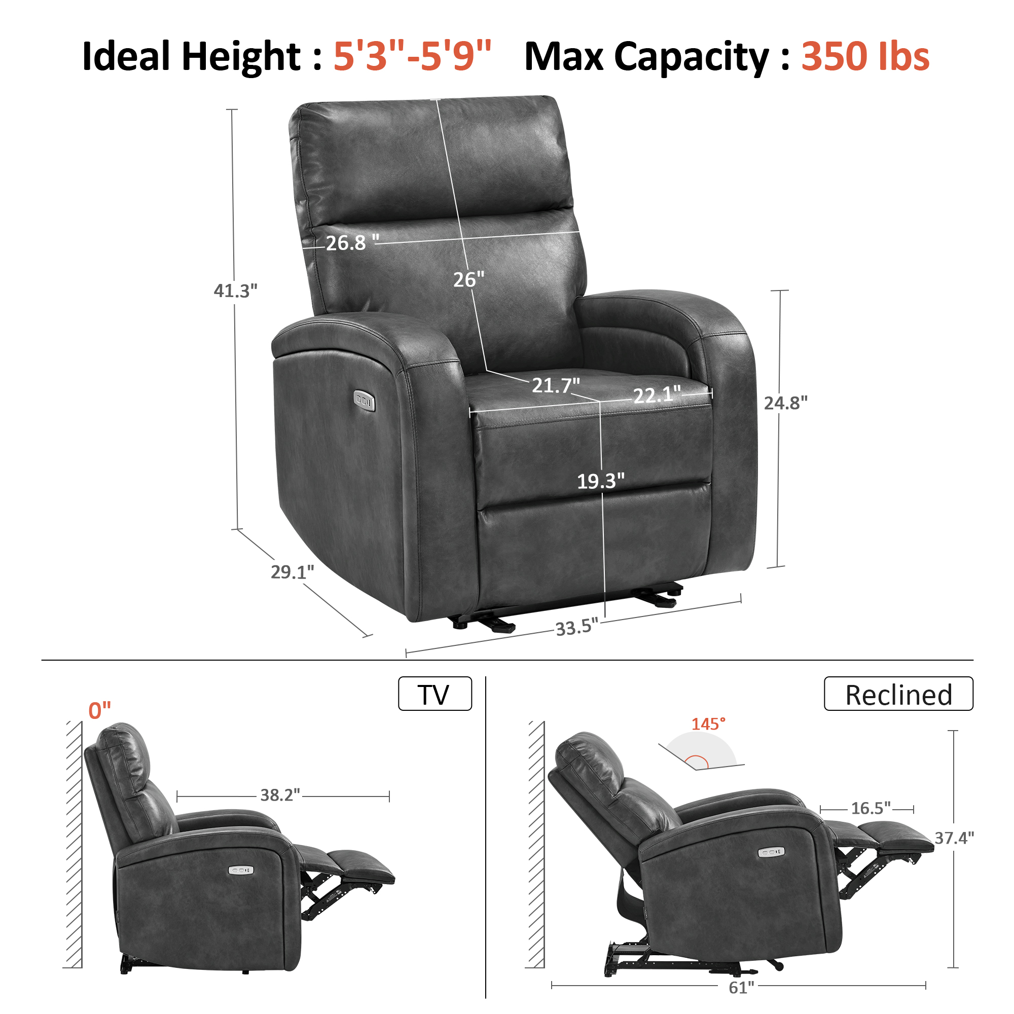 MCombo Zero Wall Hugger Power Recliner Chair for Small Space, Living Room, RV, Dark Grey