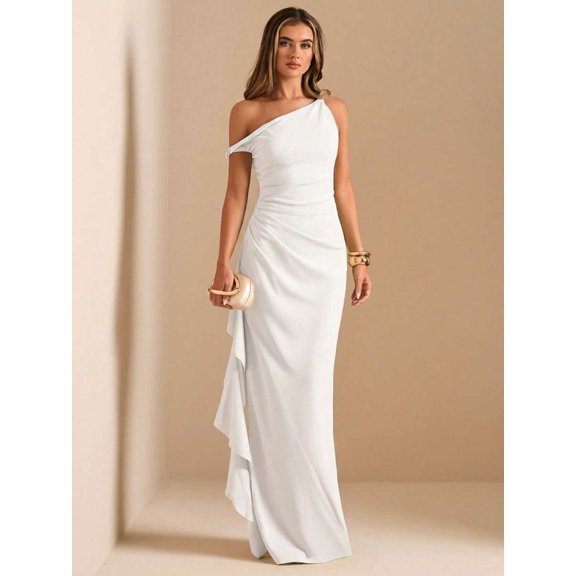 White One Shoulder Ruched Wrap Maxi Dress With Asymmetrical Ruffle Hem And Draped Detail