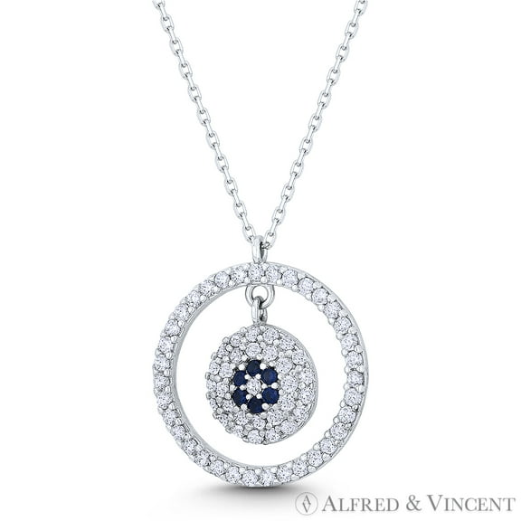 9mm Evil Eye & 17mm Eternity Circle CZ Crystal Luck Charm Pendant & Chain Necklace in .925 Sterling Silver w/ Rhodium