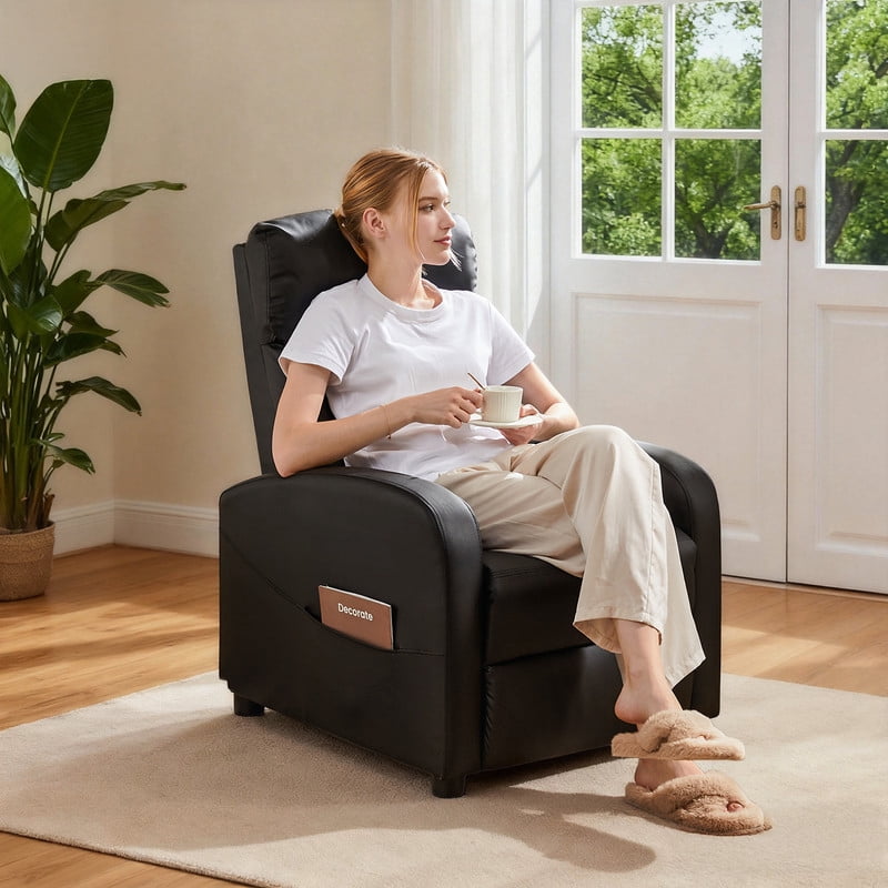 Gianna Recliner Chair No Massage, Home Theater Seating with Lumbar Support, Adjustable Push Back Overstuffed High-Density Sponge Reclining for Living Room, Black