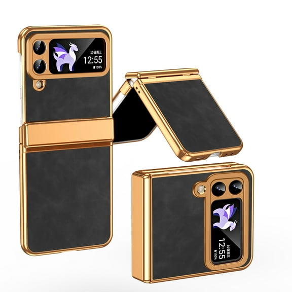 Compatible with Samsung Galaxy Z Flip 3 5G Luxury Case with Hinge Protection, Classical Plating PC with PU Leather Protective Anti-fingerprint Cover Phone Case for Samsung Z Flip 3, Black