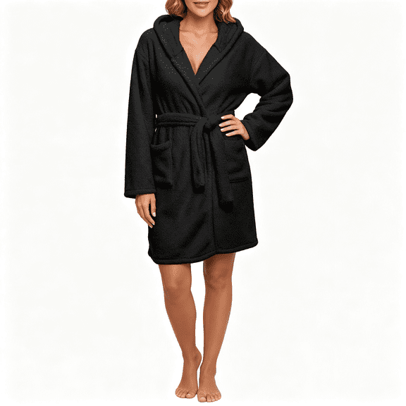CAZOFW Womens Robe,Hooded Long Sleeve Belted Pocket Cozy Casual Loungewear Bathrobe Size S-2XL