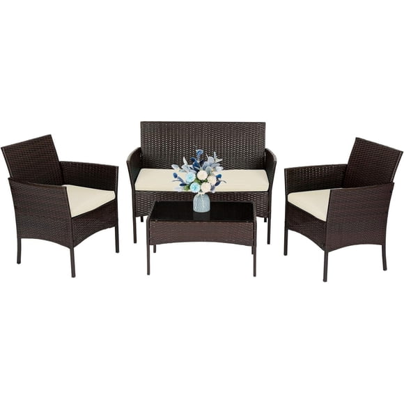 FDW Set 4 Furniture 4 Piece Wicker Outdoor Bistro Sets Sofa Chair, Brown