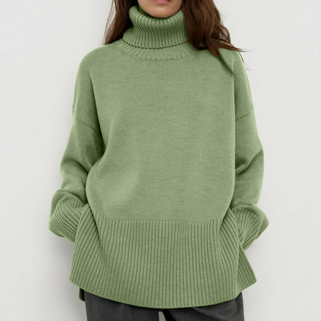 Suéter de cuello alto para mujer, otoño invierno, color sólido, tejido dividido, cuello alto, suelto, manga larga, poliéster