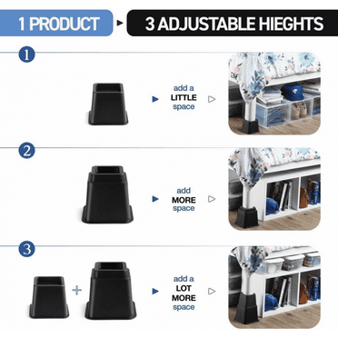 Adjustable Bed & Furniture Risers - 8", 5" or 3" Lift Heights - 4 Large   4 Small, 500kg (1102lbs) Capacity, Black PP Plastic